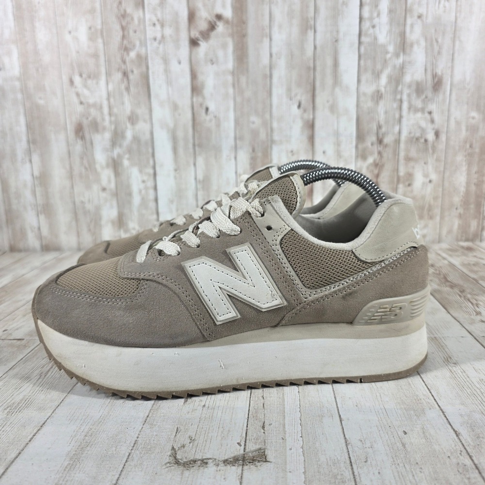 New Balance 574+ Platform Sneakers Tan‎ Beige Suede WL574ZSM Womens 10 - Picture 2 of 8